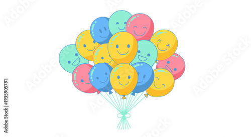 Bunch of colorful balloons with smiling faces tied together.