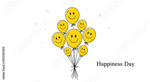 Bunch of yellow smiley face balloons with Happiness Day text.