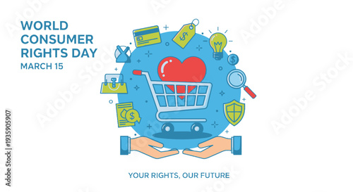 World Consumer Rights Day poster with shopping cart and heart.