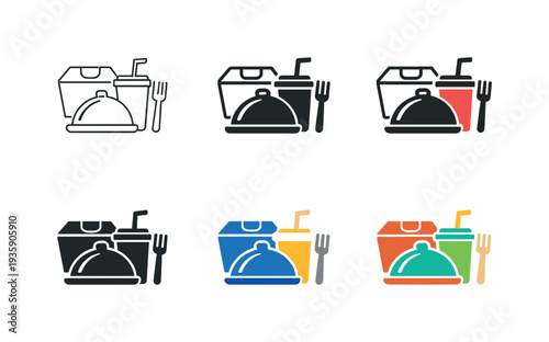 Food Service Icons. Food delivery service icon featuring a takeaway box, beverage cup, fork, and cloche, representing fast food