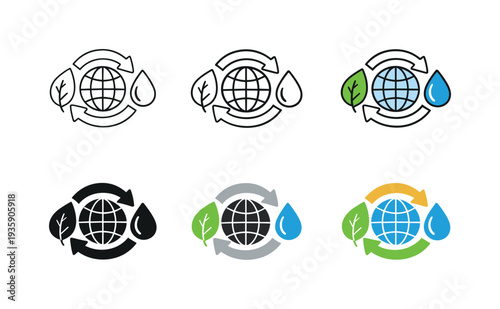 Resource management and economy icon featuring a leaf, globe, recycle symbol, and water drop, representing balanced economic