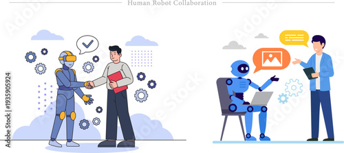 Human Robot Collaboration Flat Vector AI Partnership Technology Illustration