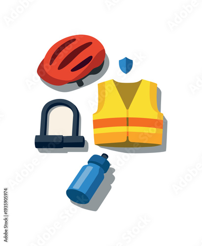 Minimal bike safety essentials concept with helmet vest lock and water bottle loosely arranged seen from a top-down angle, offset