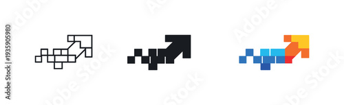 Technological leap metaphor conveyed by a rising arrow constructed from connected digital blocks forming one upward symbol,