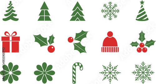 Christmas Icon Set Tree Snowflake Gift Holly Candy Cane Winter Holiday Symbols Isolated on White Background