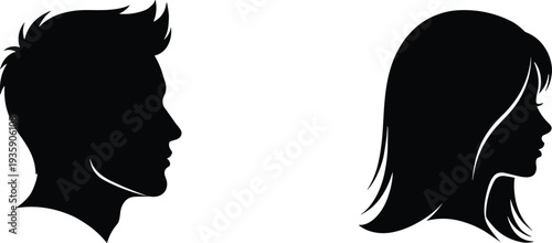 Black and white male and female head profile silhouettes with stylish hair for barbershop, salon, or cad drawing flat vector illustration designs.