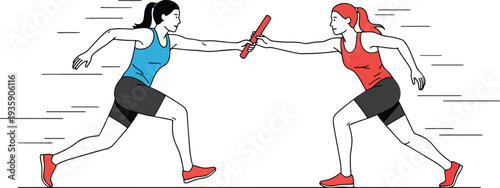 Two Women Relay Runners Passing the Baton for Teamwork and Success Concept