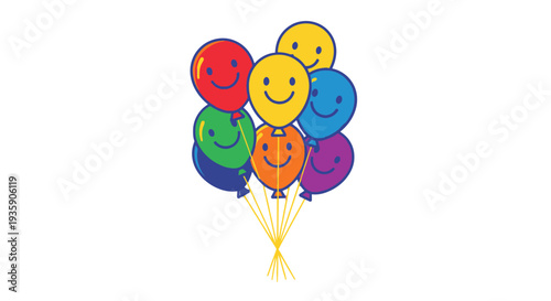 Bunch of colorful balloons with smiley faces tied together.