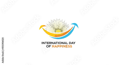 International Day of Happiness logo with colorful curved arrows and sun.