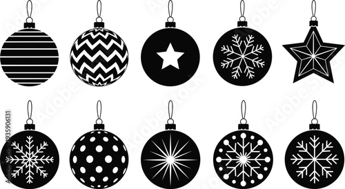 Christmas ornament ball and star silhouette set with snowflake patterns isolated on white background vector
