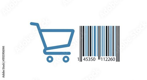 Simple blue shopping cart icon with barcode symbolizing e-commerce and retail.