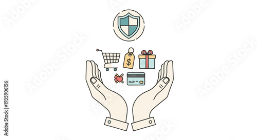 Hands holding e-commerce and security icons.