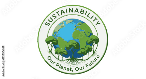 Sustainability logo with Earth and trees representing eco-friendly future.