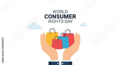 World Consumer Rights Day shopping bags held in hands.