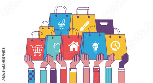 Hands holding colorful shopping bags with various icons.