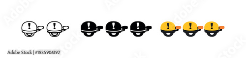 Bicycle Bell Icons. Caution metaphor conveyed by a compact bicycle bell with rounded dome and small lever standing alone as a