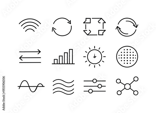 Line style vector icons of video streaming platform user account interface: modulation arc, sync ring, cycle tile, cycle ring,