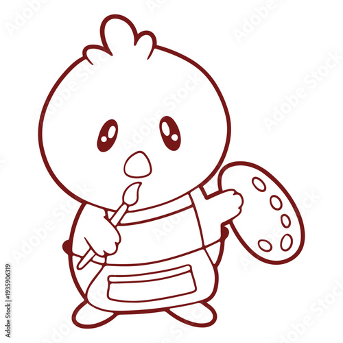 Cute kawaii-style canary holding a paintbrush and watercolors