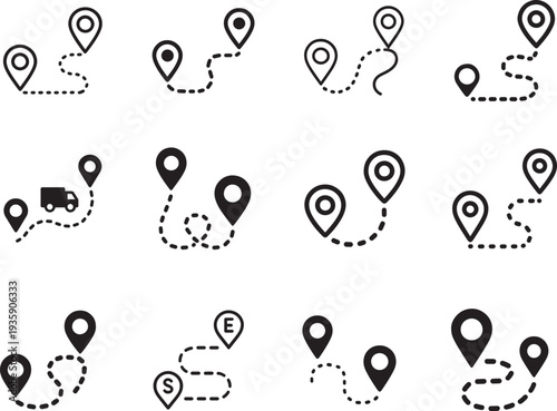 Route optimization line icon with dotted path between points and location pin vector set.
