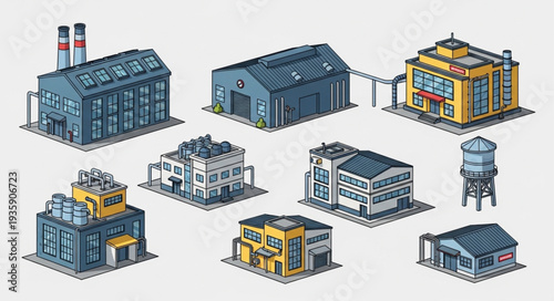 Collection of isometric pixel art industrial buildings and factories.