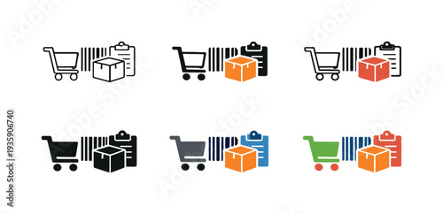 Stock management symbol showing a shopping cart, barcode, box, and clipboard, conveying retail inventory tracking, product
