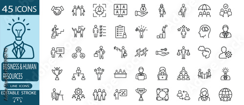 Business and human resources line icon set featuring teamwork leadership recruitment career growth and office management for professional and more vector illustration or editable stroke