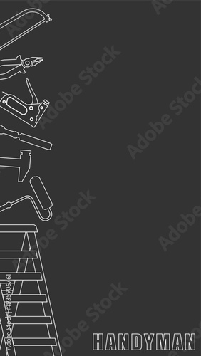 Professional handyman services. Vector banner template vertical with silhouettes of tools and text space.  Repair tools on dark gray background for your web site design, app, UI. EPS10.