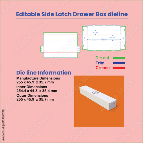 Editable side latch drawer box dieline with dimensions and 3D render packaging template 