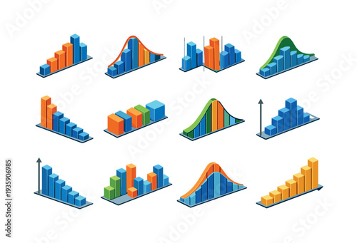 Isometric vector icons of data visualization histogram charts: histogram bars, bell curve overlay, range intervals, density