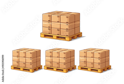 Colorful Cargo Pallets. Shipment handling action illustrated by a wooden cargo pallet stacked with sealed cartons forming one