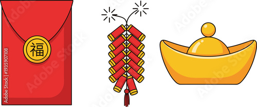 Red envelope with chinese character gold coin firecracker and ingot