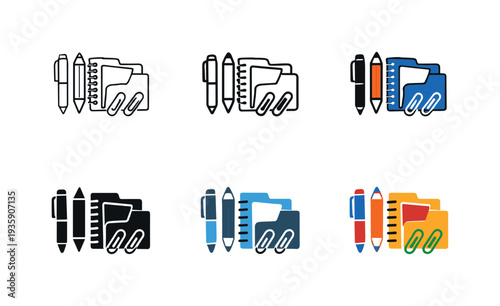Office supplies icon showing stylized pens, pencils, notebooks, paper clips, and folders representing workplace tools, stationery
