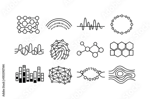 Line style vector icons of encoding smell data: molecular motif tile, pattern code arc, volatile profile line, digital signature