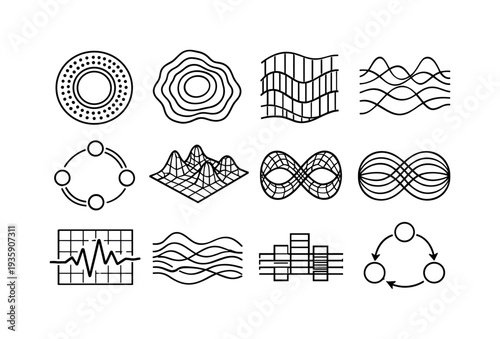 Line style vector icons of data visualization heatmaps and grids: pattern ring, frequency contour, sync band, modulation band,