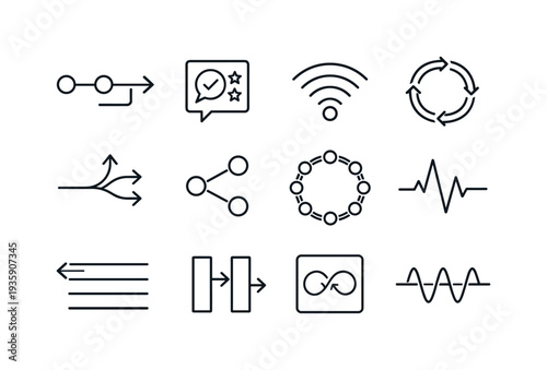 Line style vector icons of payment processing transaction flow: flow line, feedback tile, signal tile, flow ring, variation line,