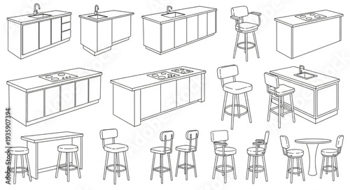 Collection of kitchen island and bar stool line art drawings.