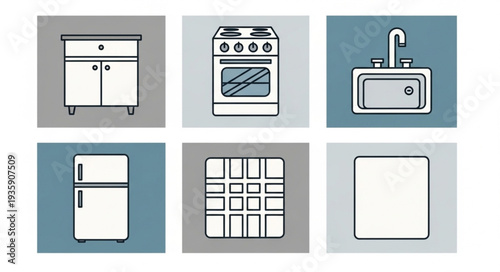 Collection of kitchen appliances and furniture icons.
