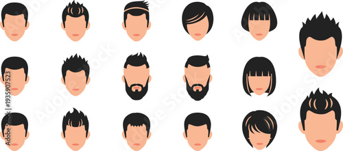 Male and female avatar faces collection, modern hairstyle characters set, minimal people head icons vector illustration