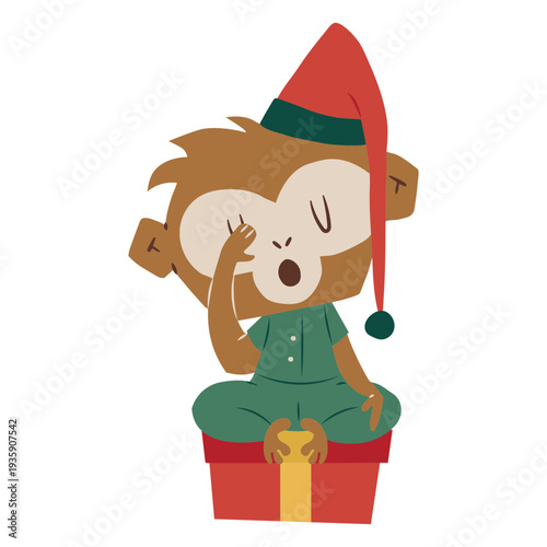 Adorable monkey dreaming over a Christmas gift