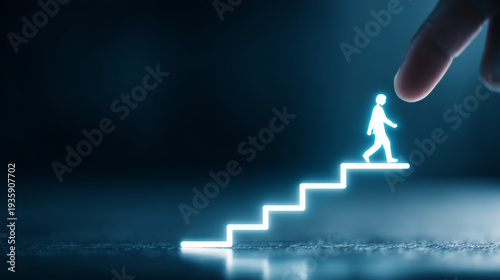 A glowing human figure icon ascends a digital staircase, metaphorically representing career growth and business advancement, with a finger pointing.