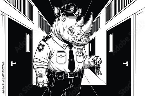 Rhinoceros police officer standing in prison hallway with keys uniform