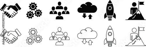 Collection of 10 monochrome icons depicting various abstract concepts and objects