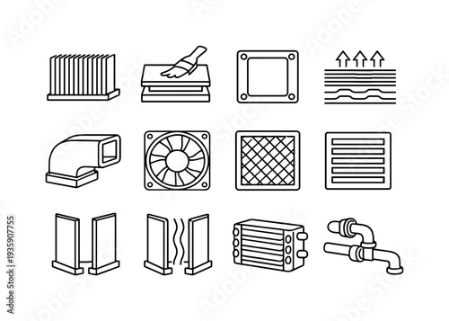 Line style vector icons of server cooling core: heat sink fins, thermal paste layer, copper base plate, airflow channel, cooling