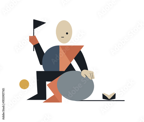 Single abstract geometric figure balances interlocking angular and circular shapes while surrounding elements remain controlled,