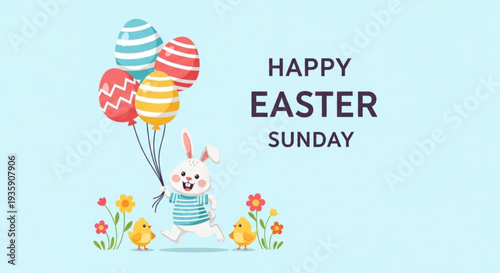 Easter bunny with colorful balloons and flowers on easter sunday