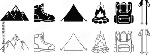 Camping icons and symbols for outdoor adventure and travel