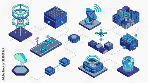 Visual representation of next generation 6G network infrastructure icon set for smart city connectivity and advanced technology