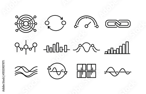 Line style vector icons of cryptocurrency blockchain analytics and monitoring: resonance node, sync contour, timing arc, sync