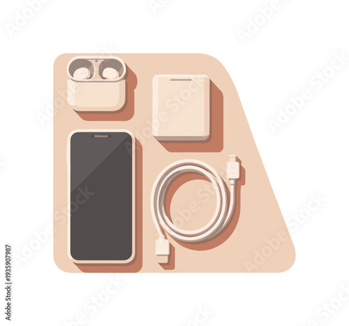 Minimal tech accessories set with simple wireless earbuds power bank charging cable and smartphone arranged neatly seen from