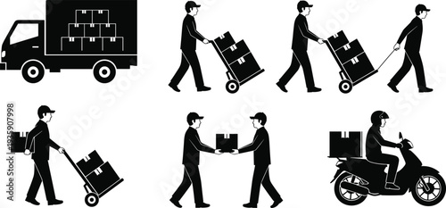 Delivery Service Worker Silhouette Set Courier Truck Hand Truck Scooter Package Shipping Isolated on White Background